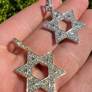 MOISSANITE 925 Sterling Silver Magen Star of David Pendant in Rhodium or 14k Yellow Gold Finish, PASSES DIAMOND Tester!!!