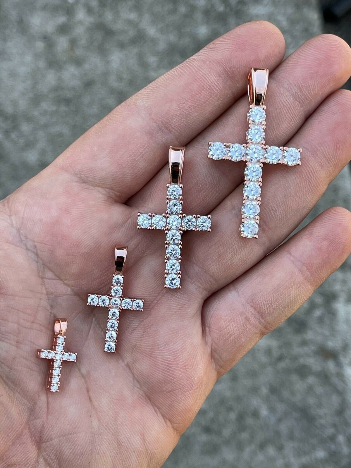 Men s or Women s 14k Rose Gold Over Real Solid 925 Silver Diamond Tennis Cross Pendant Etsy