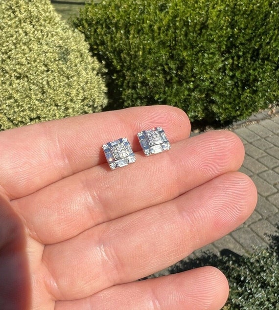 【HYERES LOR】25SS★ Silver (W) Moissanite Band Earrings MOISSANITE Square Dome Hip Hop Earrings - 925 Silver - 9mm