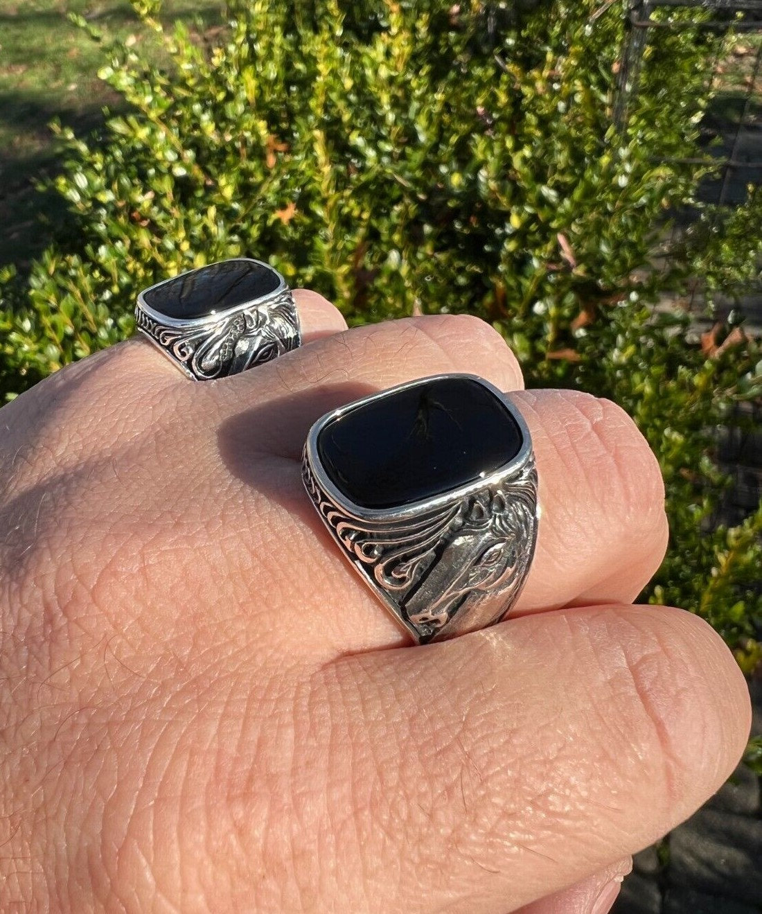 Men's Oxidized Sterling Silver Ring: Black Onyx Horse Design - Etsy