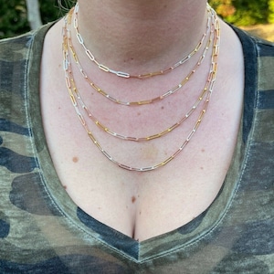 Women&#39;s 3MM Tri Color 925 sterling silver/rose gold/yellow gold PAPER CLIP rolo cable chain necklace 14&quot;-24&quot; lengths