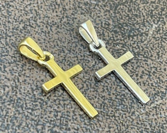 Small Handmade Solid 925 Sterling Silver Men's Women's Plain Cross Pendant in 14k Yellow Gold or Rhodium Finish