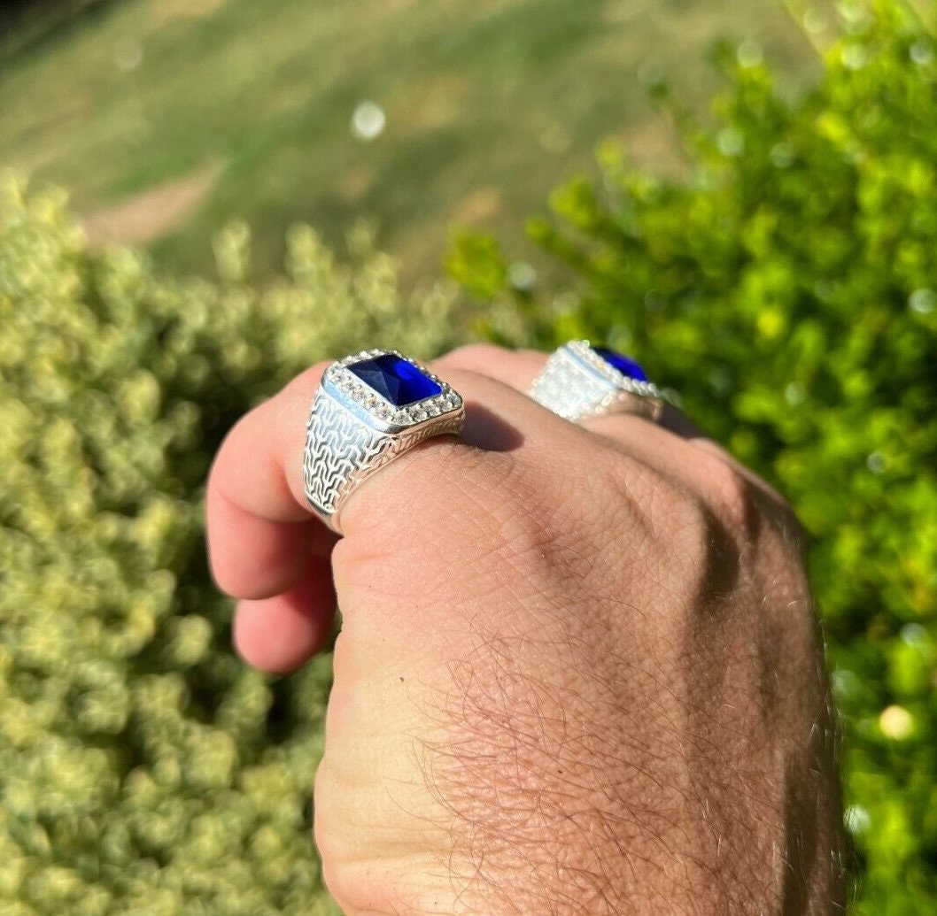 Men's Real Solid Natural 925 Sterling Silver Square Blue