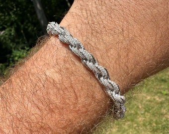 7.5mm Iced Out Moissanite Rope Bracelet: 925 Sterling Silver Men's Jewelry
