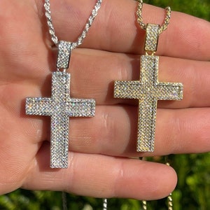 Men&#39;s Women&#39;s Iced Out 1.3ct MOISSANITE Cross Pendant Hip Hop Solid 925 Sterling Silver with Gold or Rhodium Finish, 1.75&quot; x 1&quot;....P-M-29/30