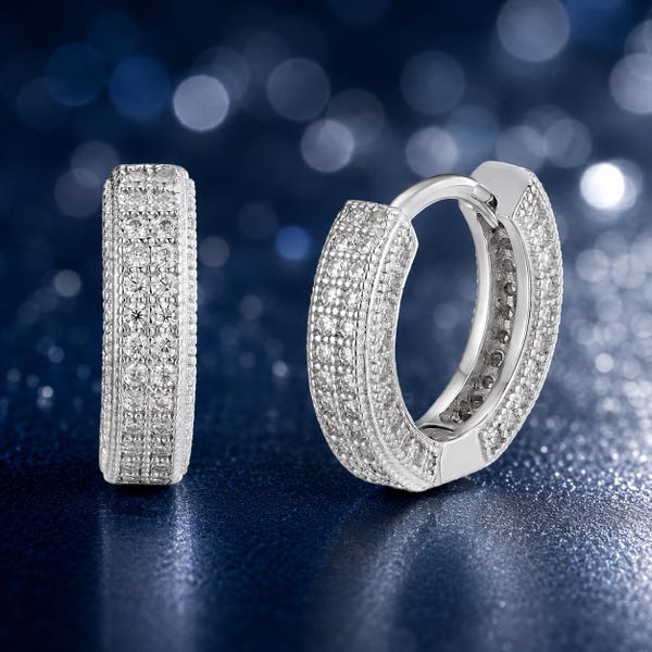 Iced Out Moissanite Huggie Hoop Earrings: Sterling Silver (12mm)