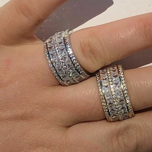 Men&#39;s Women&#39;s Icy 2 Row Eternity Tennis Band Wedding Pinky Ring Simulated Diamond Sizes 5-13 Sterling Silver in Rhodium or Gold Finish