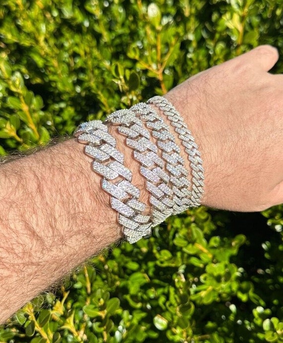 Real Miami Cuban Link Bracelet Iced Diamond Out Solid 925 Sterling Silver  HEAVY