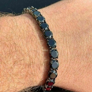 Men&#39;s 7mm Icy Black Simulated Diamond Tennis Bracelet Oxidized Blackended Rhodium over Solid 925 Sterling Silver, 8.5&quot; length