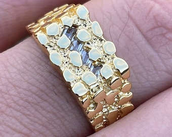 Anillo de pepita de baguette helada: oro de 14 k sobre plata de ley