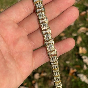 Men&#39;s Unique Custom Made Iced Out Baguette 14k Gold Vermeil over Solid 925 Sterling Silver 12mm Bracelet Available in 7&quot; or 8.5&quot; lengths