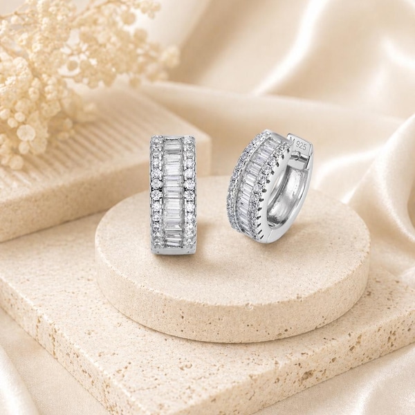 Baguette Moissanite Huggie Hoop Earrings, 925 Sterling Silver, 12mm