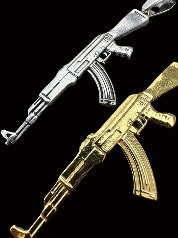 Men's Oxidized Sterling Silver AK-47 Rifle Pendant, Rhodium or