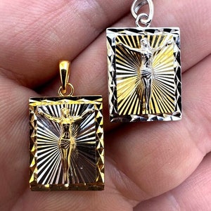 Colgante con medallón de cruz de Jesús en plata de ley 925 maciza, con corte de diamante cuadrado en dos tonos, para hombre o mujer, acabado en oro de 14 k