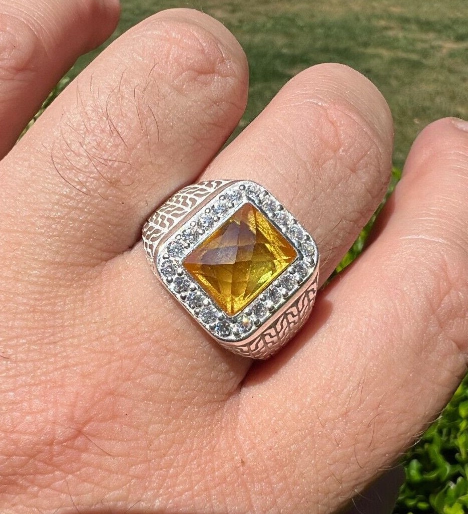 Men's Real Solid Natural 925 Sterling Silver Square Canary Men's Real Solid Natural 925 Sterling Silver Square Canary