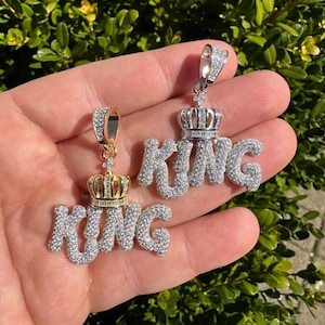 Men&#39;s Iced Out Moissanite KING Crown Pendant Solid 925 Sterling Silver in Rhodium or 14k Gold Finish, PASSES DIAMOND Tester!!!