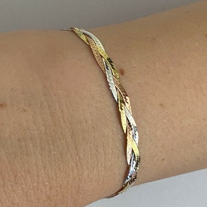 Women’s 5mm Flat Solid 925 Sterling Silver TRI-COLOR Silver/Gold/Rose Twisted/Braided Herringbone Bracelet, 6" - 8.5" Glossy Finish
