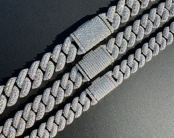 Moissanite Miami Cuban Link Chain, Solid Sterling Silver, Icy Statement Necklace