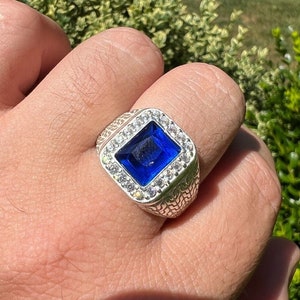 Men&#39;s Real Solid Natural 925 Sterling Silver Square Blue Sapphire Pinky Ring Size 6, 7, 8, 9, 10, 11, 12, 13....R147D