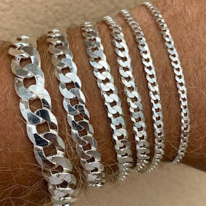 Men&#39;s or Women&#39;s Real Solid 925 Sterling Silver Flat Curb Cuban Bracelets 3mm - 11mm, 6&quot; - 9&quot;
