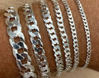 Pulseras cubanas planas de plata esterlina 925 maciza auténtica para hombre o mujer, de 3 mm a 11 mm y de 6 a 9 pulgadas