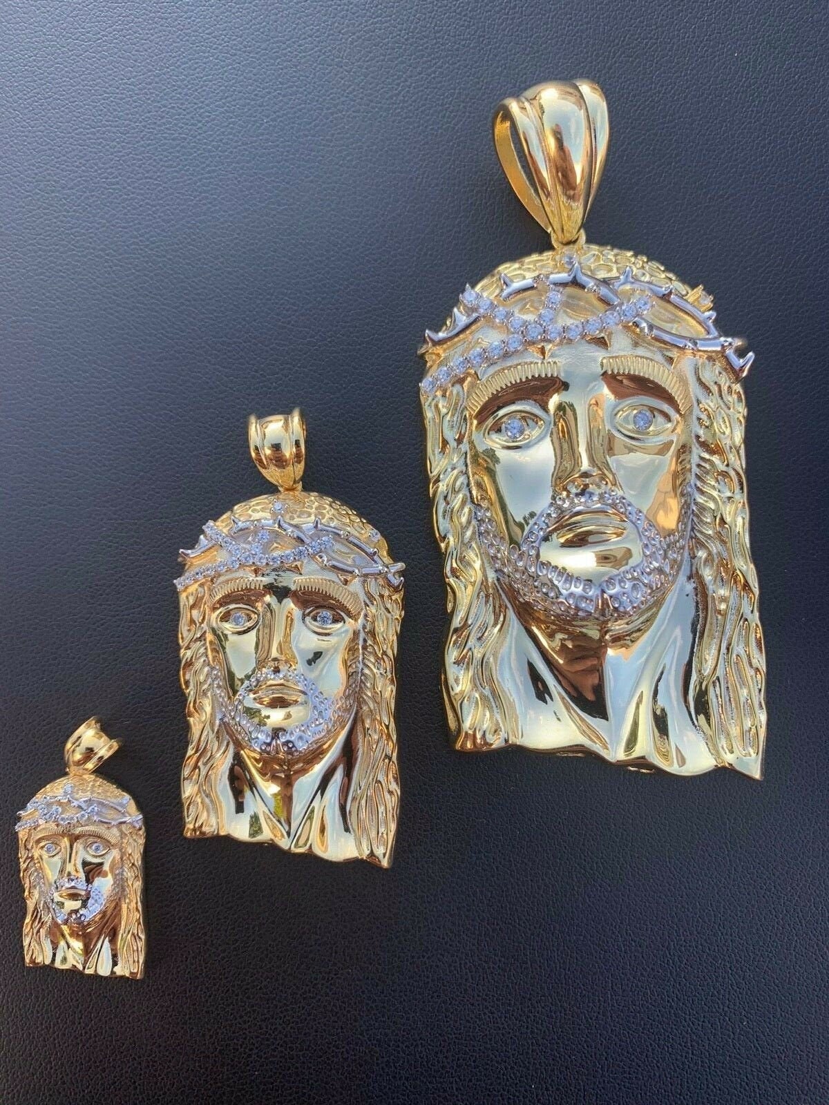 Men's 14k Yellow Gold over 925 Sterling Silver Iced Out Simulated Diamond Jesus Pendants, small/medium/large