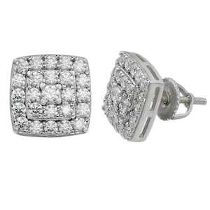 Men&#39;s Women&#39;s 925 Sterling Silver Iced Out Hip Hop Square Diamond Stud Cluster Earrings Screw Backs, 10mm....ER43rh