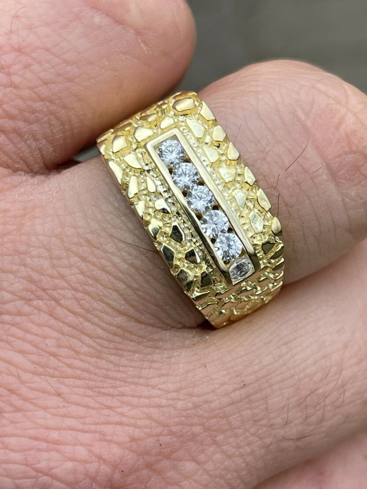 Men's Iced Out Channel Set Diamond Custom Made NUGGET Pinky Ring Gold over Solid 925 Sterling Silver Sizes 7-13