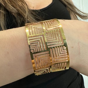 14k Gold Finish Sterling Silver Cuff Bangle: Geometric Design