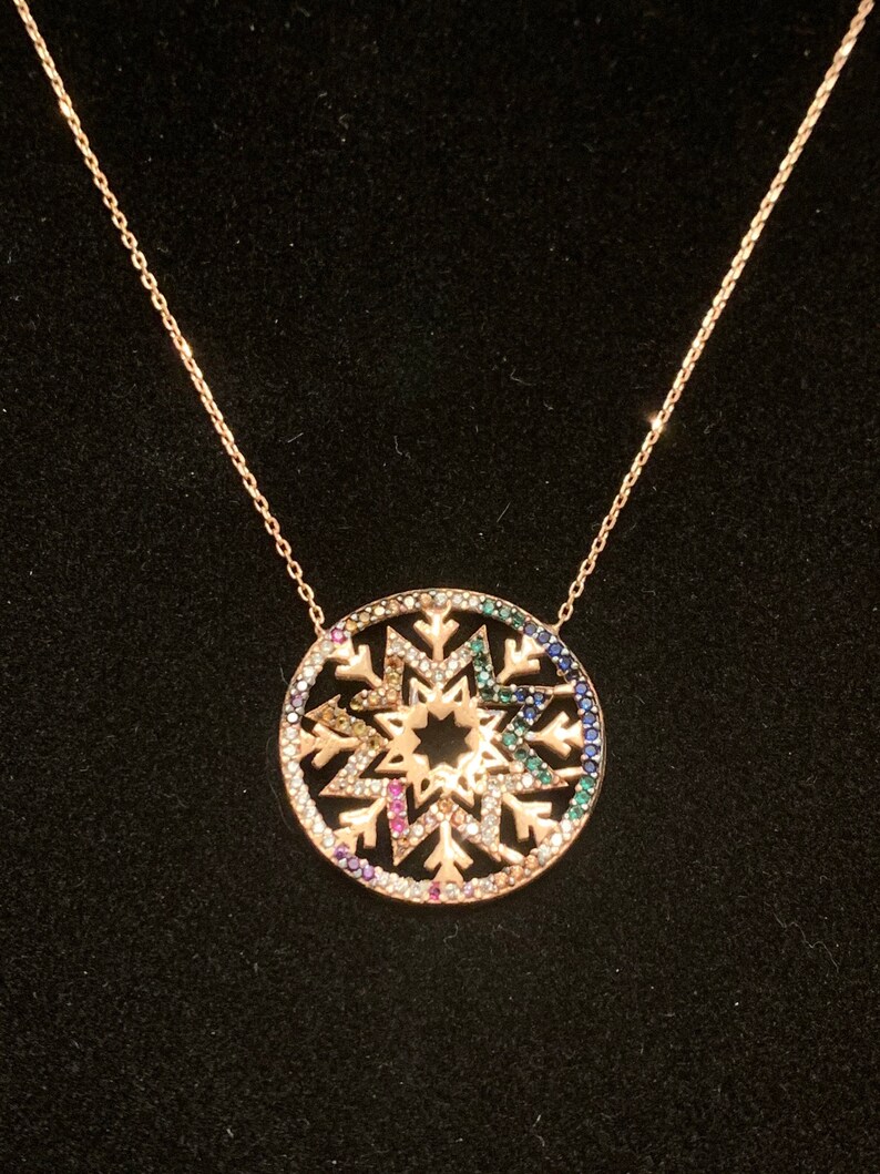 colored stones 17-18 Adjustable. Rose Gold over Solid 925 Sterling Silver Holiday Snowflake Pendant Necklace adorned with multi
