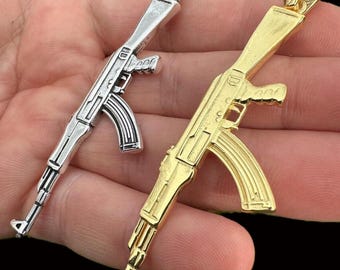 Men's Oxidized Sterling Silver AK-47 Rifle Pendant, Rhodium or Gold Vermeil Finish