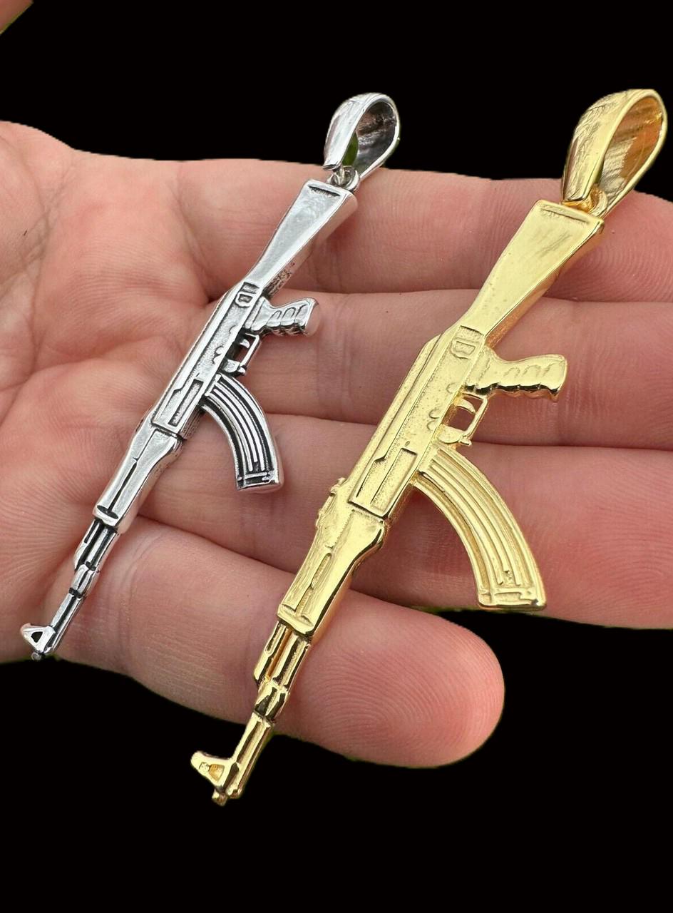 Men's Oxidized Sterling Silver AK-47 Rifle Pendant, Rhodium or