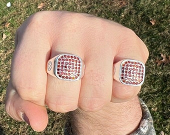 Men's Real Solid 925 Sterling Silver Iced Out Red Ruby