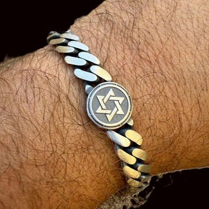 Pulsera de estrella de David judía cubana de Miami de 9 mm para hombre, en plata de ley 925 maciza, acabado oxidado, estilo vintage oscuro, cierre único, 18,78 cm, 20,32 cm y 21,67 cm.