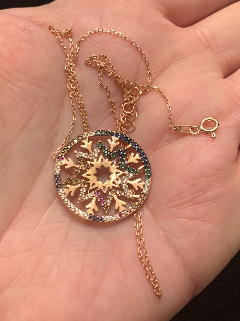 colored stones 17-18 Adjustable. Rose Gold over Solid 925 Sterling Silver Holiday Snowflake Pendant Necklace adorned with multi