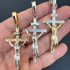 TWO TONE CRUCIFIX Cross Jesus Pendants Real Solid 925 Sterling Silver & 14k Gold Vermeil, 3 Styles to Choose from, 2&quot; x 1&quot;