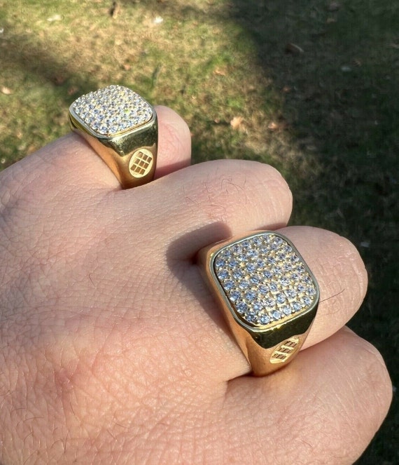 thumbnail image 2 of Harlembling Men's Solid 925 Sterling Silver Ring – 14k Gold Plated, Iced Black CZ, Square Hip Hop Pinky Ring, Sizes 7-13 2 of 4