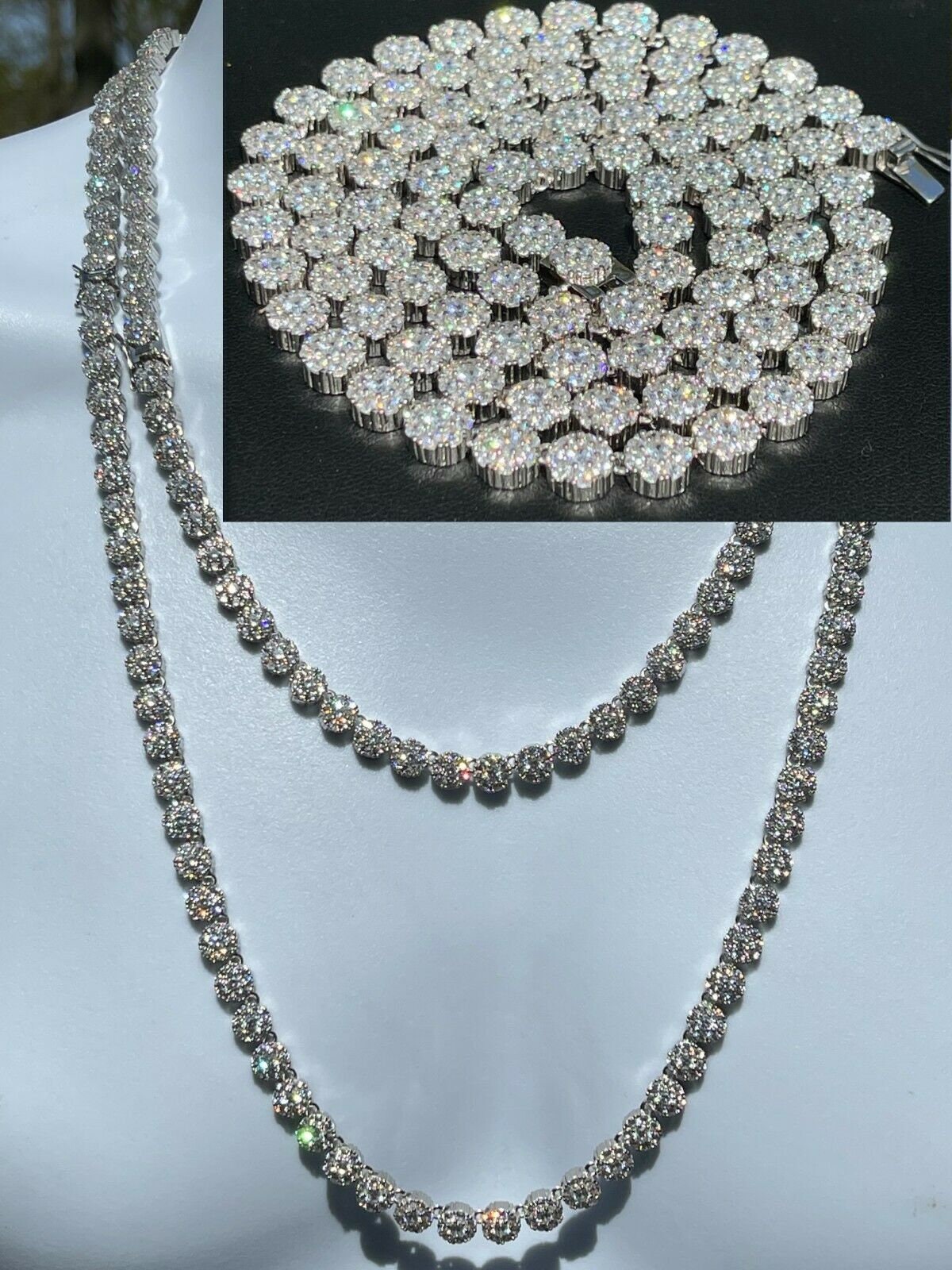Iced Out 925 Sterling Silver Tennis Chain: 7mm Simulated Diamond 