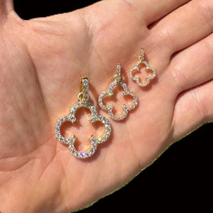 Women&#39;s MOISSANITE Clover Pendants 14k Yellow Gold over 925 Sterling Silver, 3 Sizes: small, medium, large PASSES DIAMOND Tester!