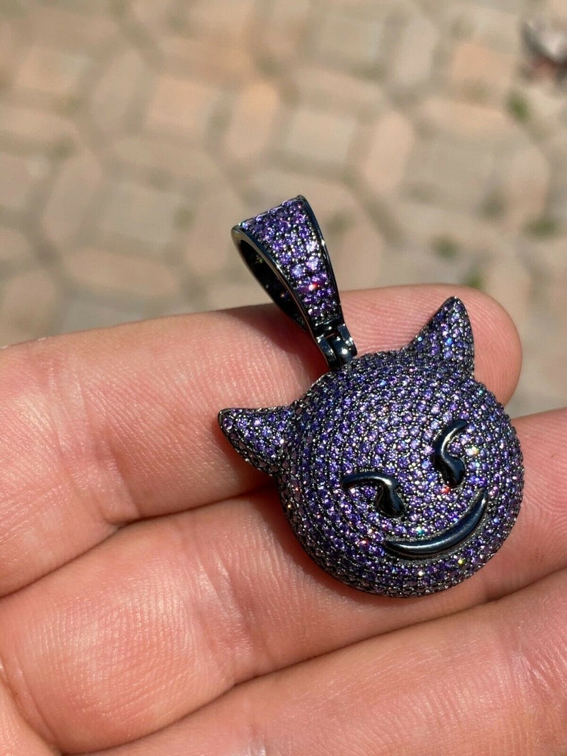 Custom Made Solid 925 Sterling Silver Iced Out Purple Simulated Diamond Hip Hop Devil Face Emoji Pendant image 3