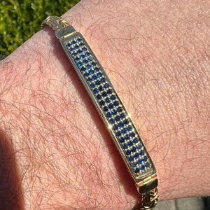 Mens 14k Gold over 925 Sterling Silver 6.5mm Iced Out Simulated Blue Sapphire Presidential Byzantine ID Bracelet 8.5&quot; Length, Hip Hop Rapper