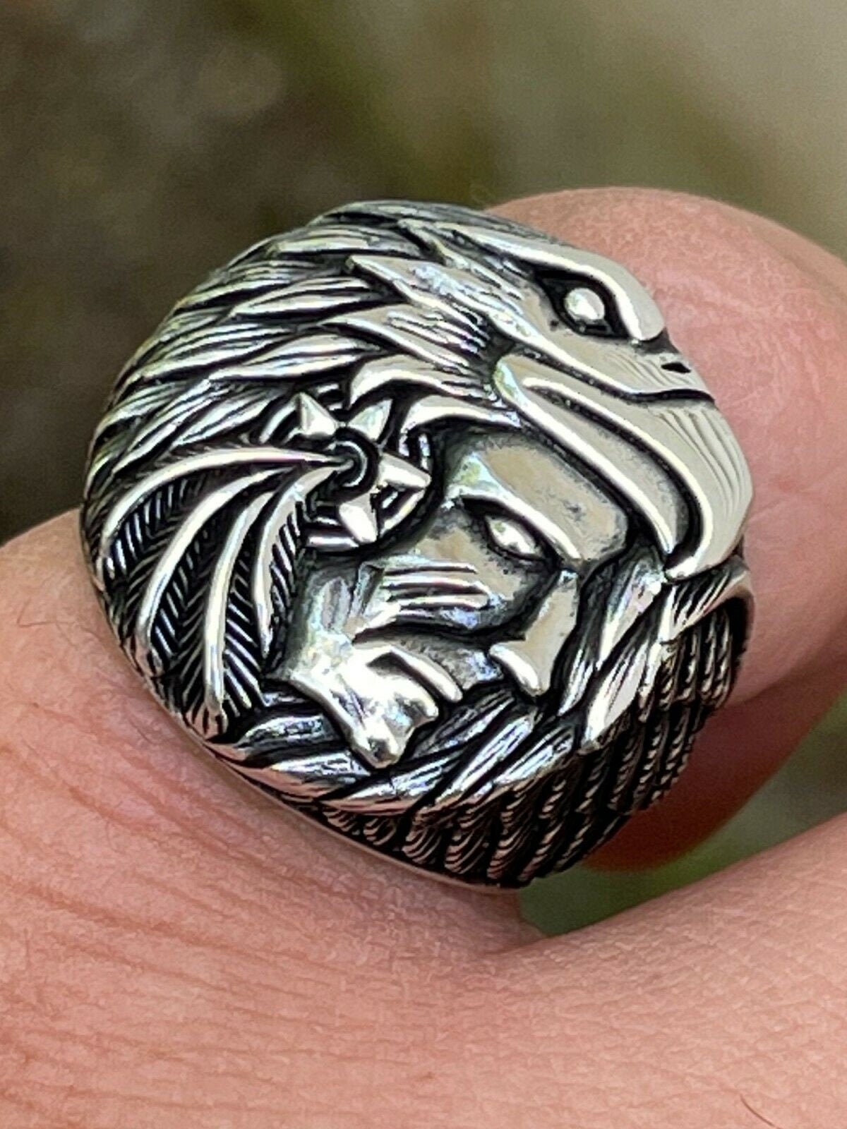 Oxidized Sterling Silver Native American Chief Ring, Eagle 