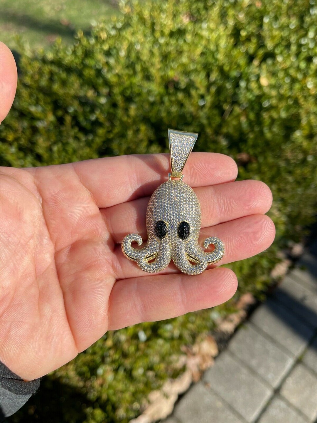 Iced Out Octopus Emoji Pendant: Gold Over Sterling Silver