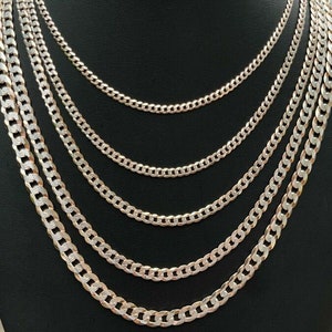 Men&#39;s Women&#39;s TWO TONE Rose Gold Over 925 Sterling Silver FLAT Curb Cuban Chain Necklace 16-30&quot;, 3mm, 4mm, 5mm, 6mm, 8mm