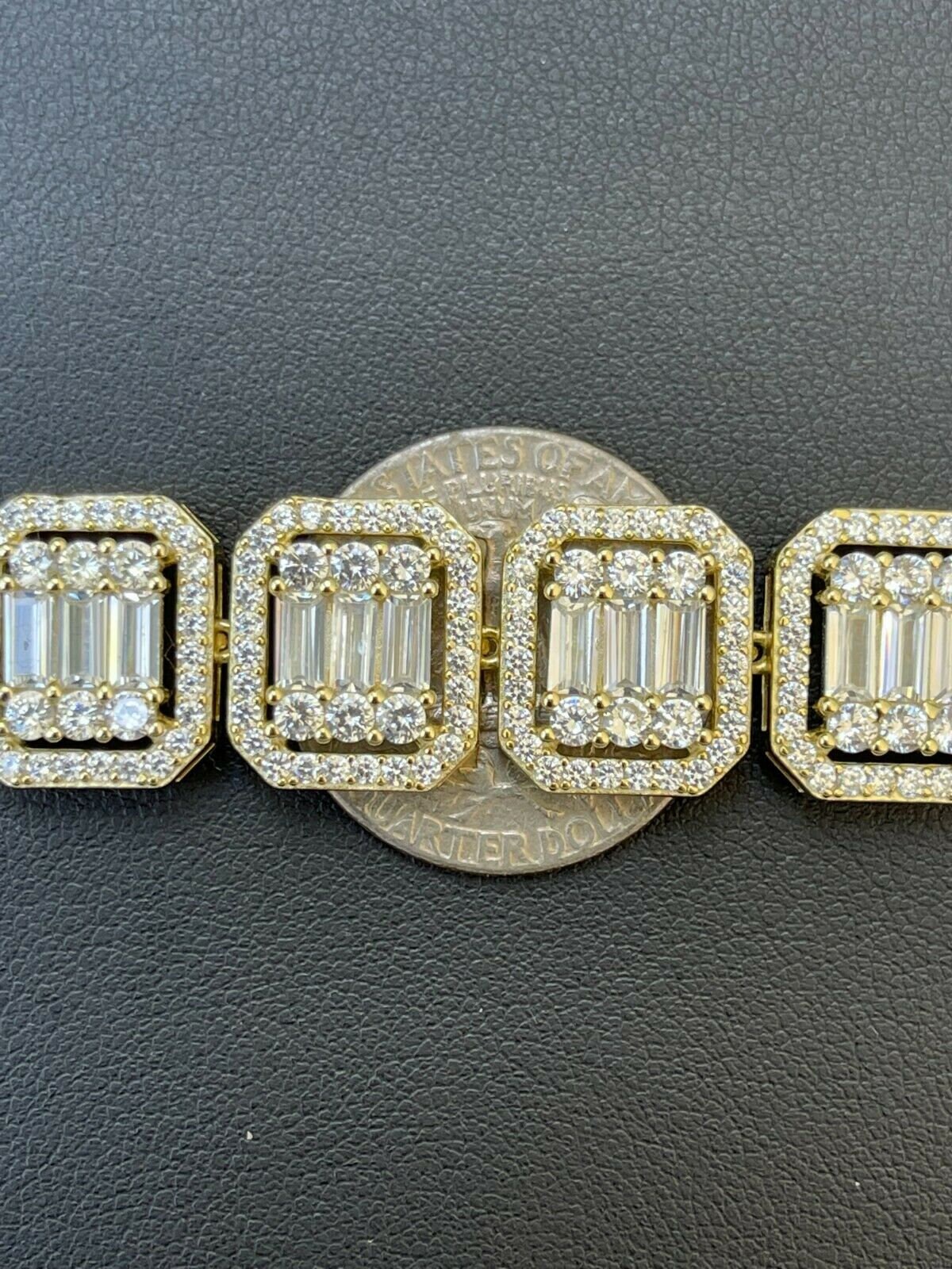Mens 14k Gold Plated Solid 925 Silver Baguette Tennis Bracelet Iced CZ 16mm