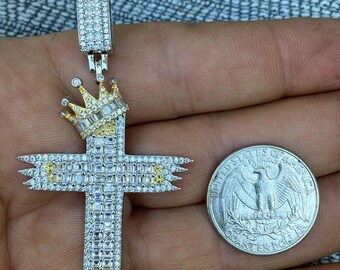 Solid 925 Sterling Silver Men's Cross Pendant With Crown & Baguette Diamond – 2", Gold, Italy