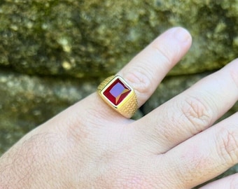 Men's 14K Gold Vermeil over Solid 925 Sterling Silver Square Red Ruby Pinky Statement Ring Size 7, 8, 9, 10, 11, 12, 13