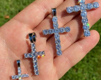 Men's or Women's Real Solid 925 Silver Diamond* Tennis Cross Pendants, 5 Sizes!