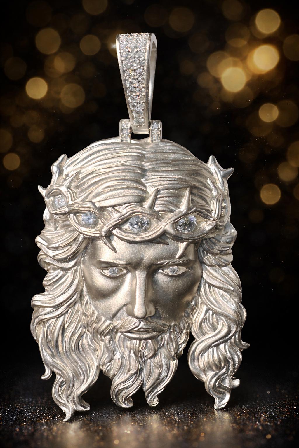 Solid 925 Sterling Silver Jesus Pendant, Matte Sandblasted