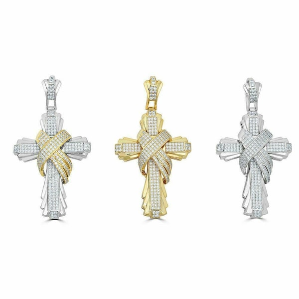 Men's Large Heavy Iced Out Cross Pendants, Solid 925 Sterling Silver in Rhodium, 14k Gold or Two Tone Finish